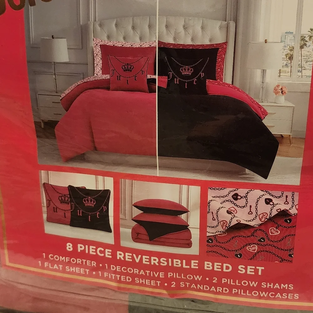 Juicy Coulture bot pink/black 8piece queen Reversible bed set new